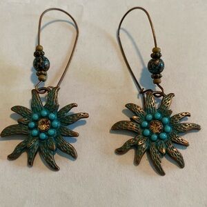Copper tone Boho dangle starfish earrings with bead and crystal accents